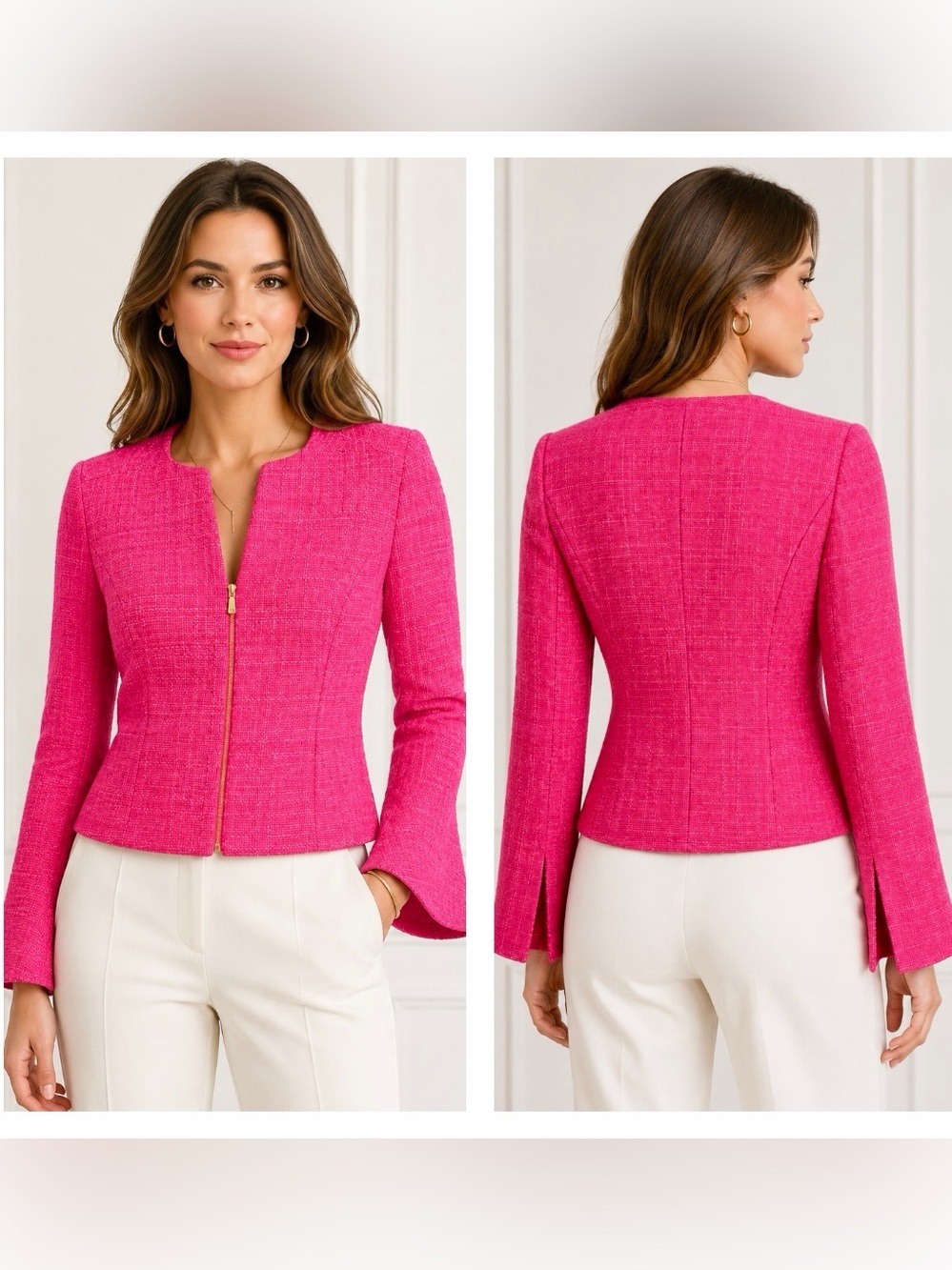 Elie Tahari Hot Pink Tweed Zip-Front Fitted Blazer 36